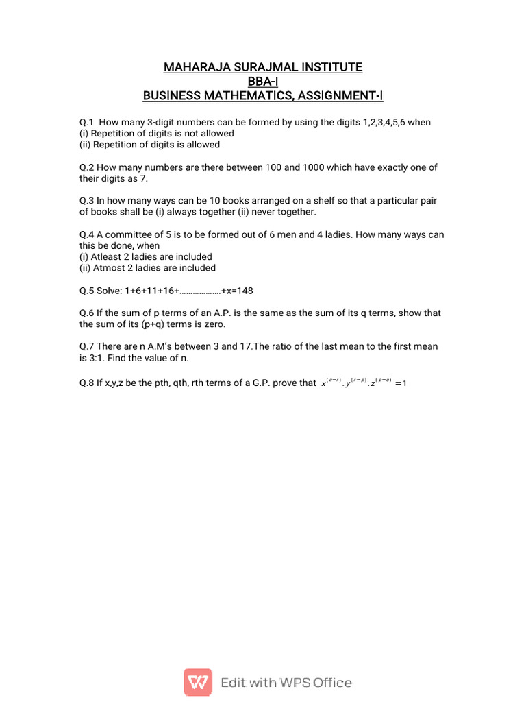 Business Mathematics Assignment BBA-I | PDF