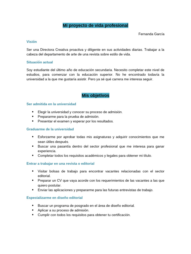 Ejemplo de Proyecto de Vida Profesional | PDF | Crecimiento personal y ...