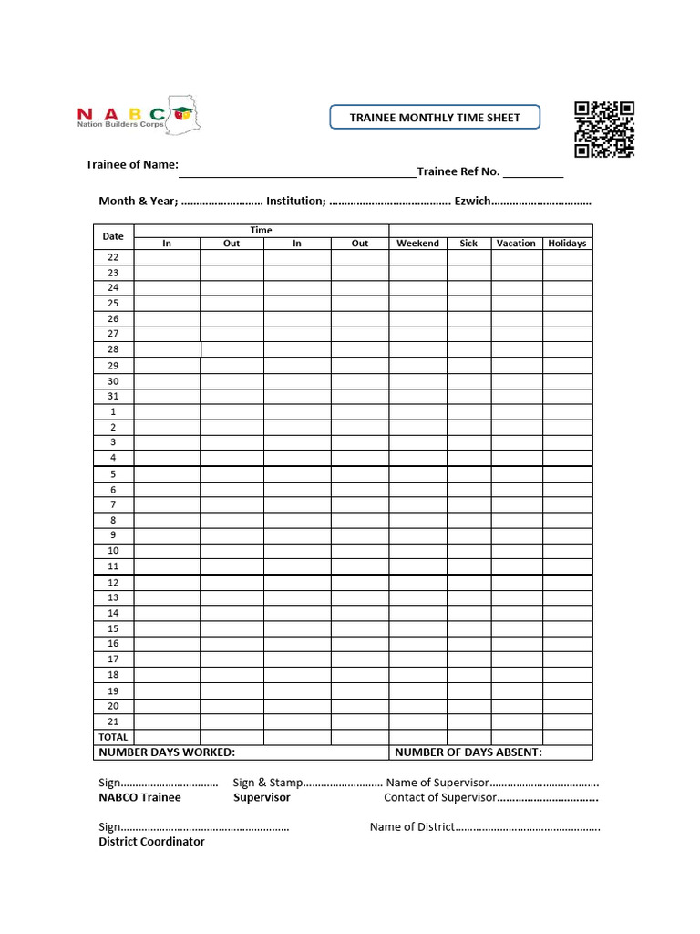 Trainee Monthly Timesheet Template | PDF