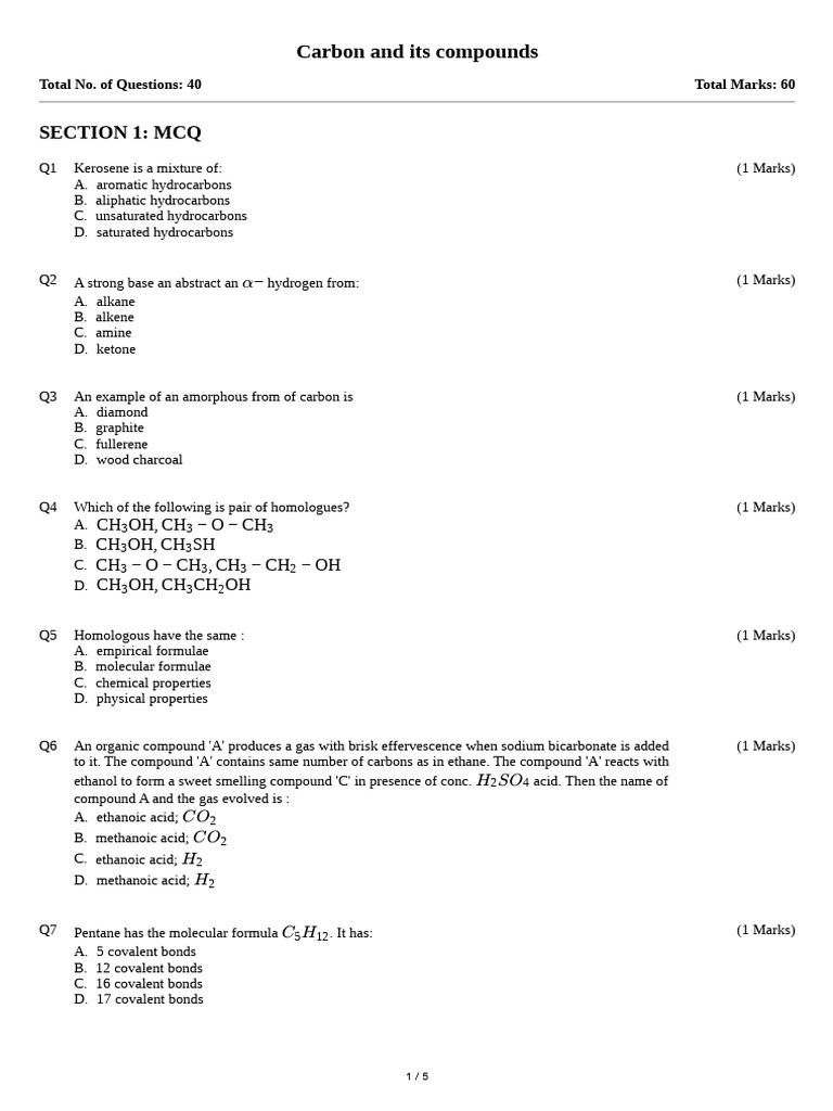 Carbon Compounds MCQs and Concepts | PDF | Chemical Bond | Alkane