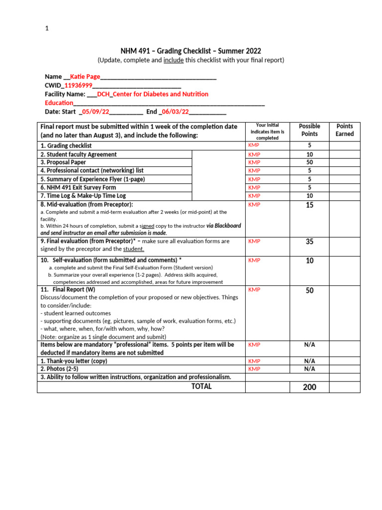 NHM 491 Grading Checklist 2022 | PDF | Dietitian | Health Care