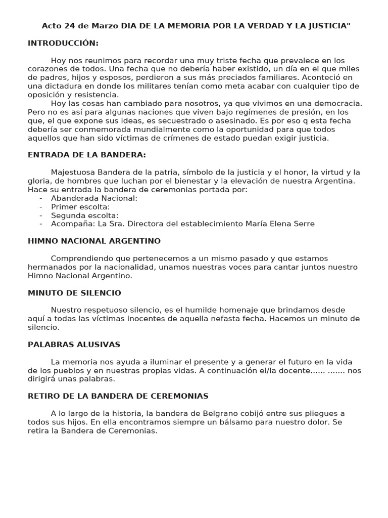 Acto 24 de Marzo DIA DE LA MEMORIA POR LA VERDAD Y LA JUSTICIA | PDF