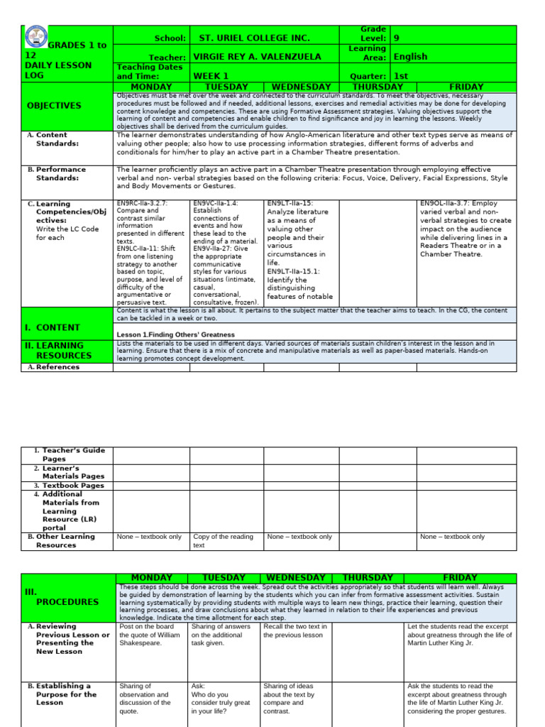 Grade 9 English Daily Lesson Log | PDF | Learning | Curriculum