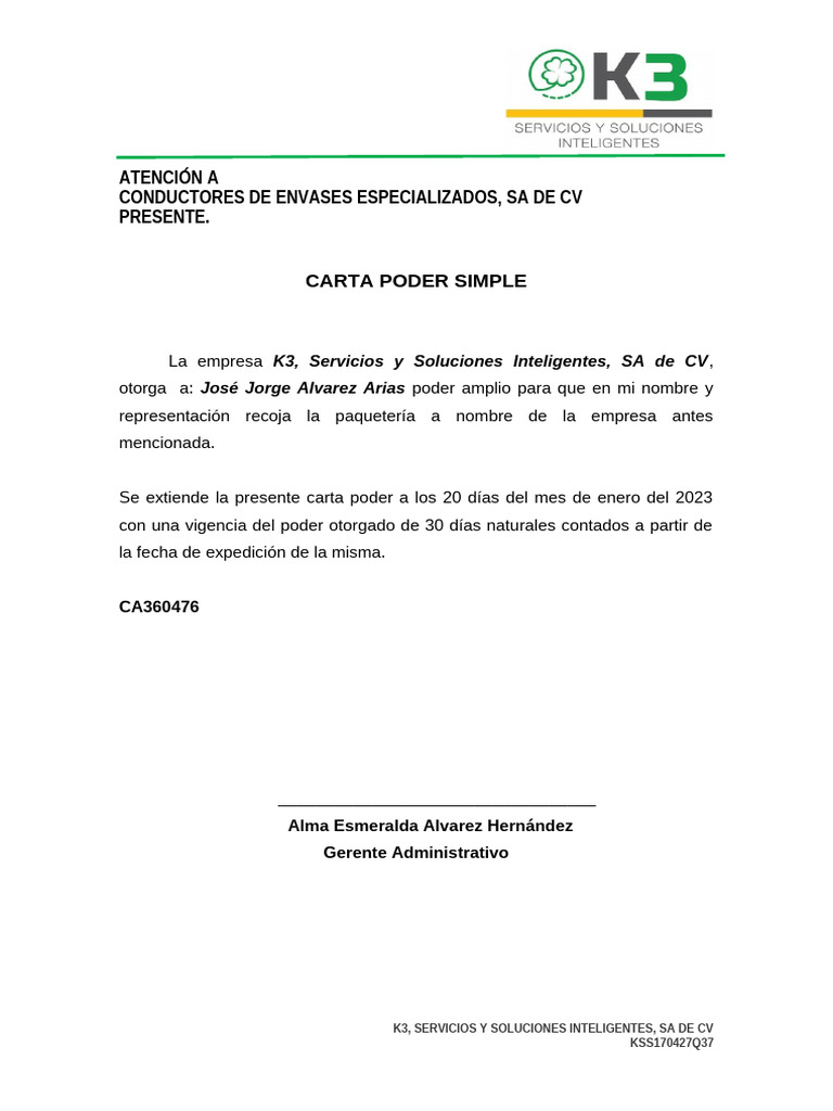 Carta Poder Paqueteria CONDESA | PDF | Finanzas y dinero