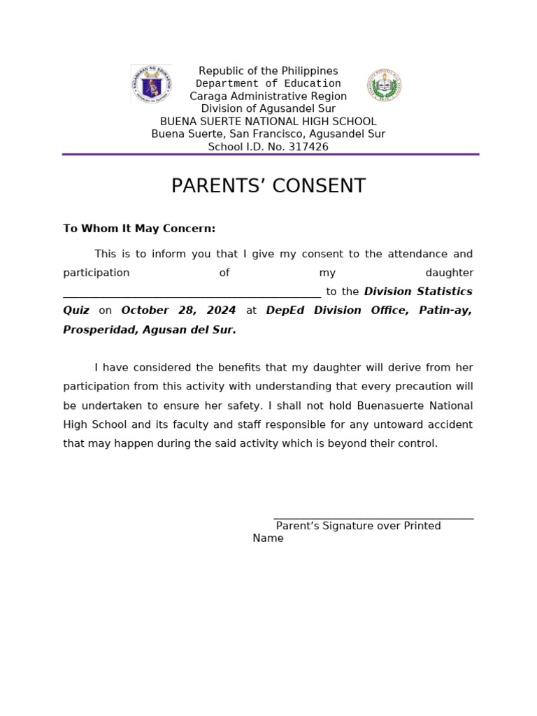Parent Consent for Division Quiz Event | PDF | Wellness