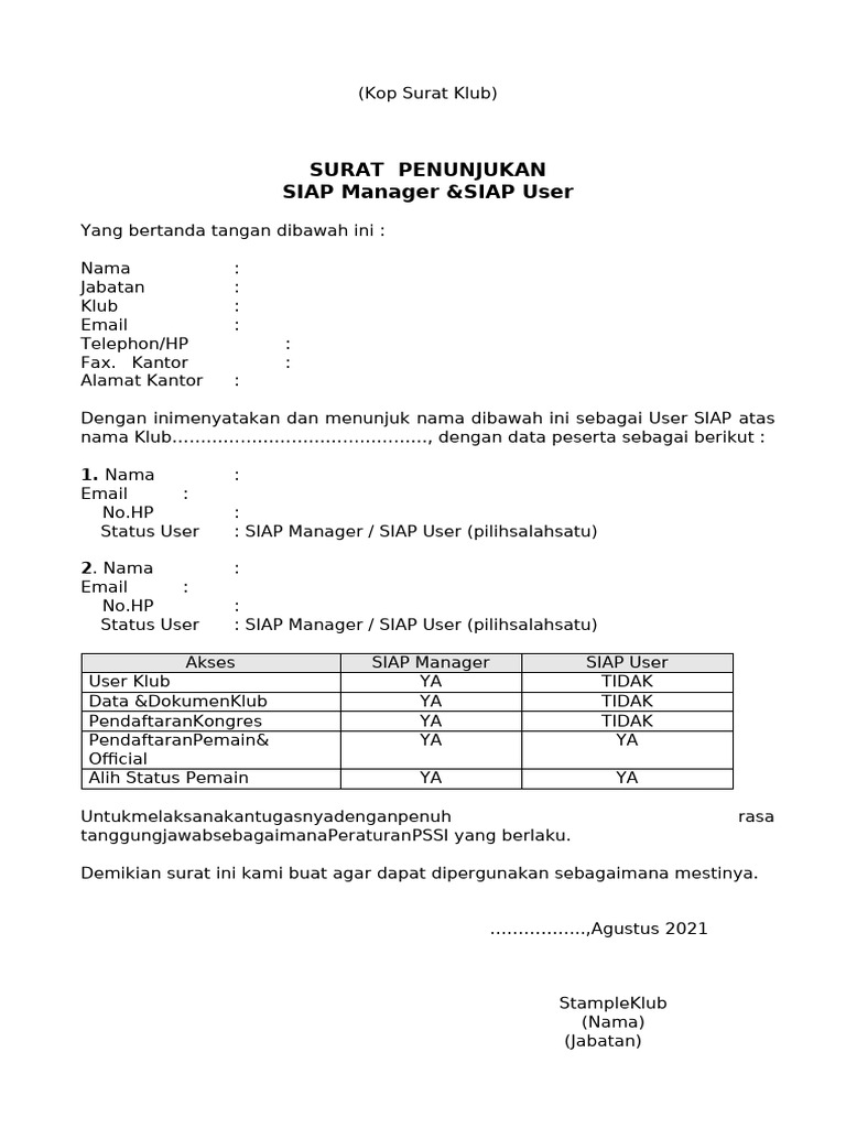 Penunjukan User SIAP Klub PSSI | PDF