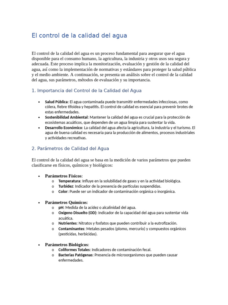 El Control de La Calidad Del Agua | PDF | Agua | Agua potable