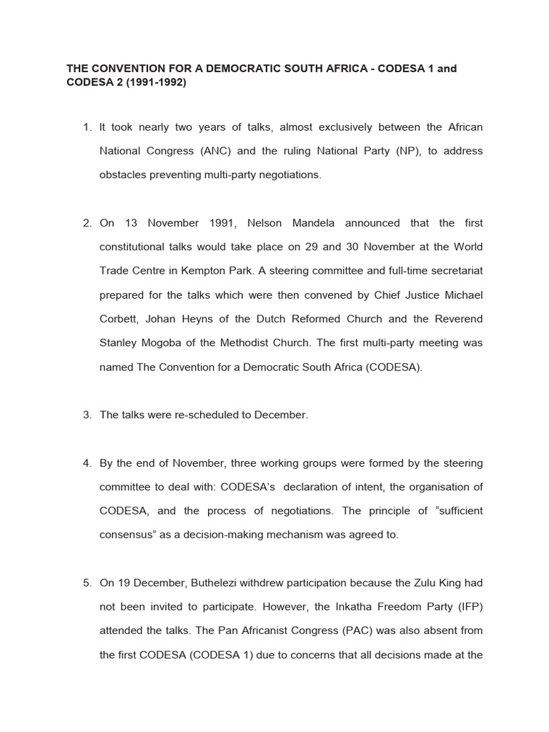Overview of CODESA 1 Negotiations | PDF | Political Events | South ...