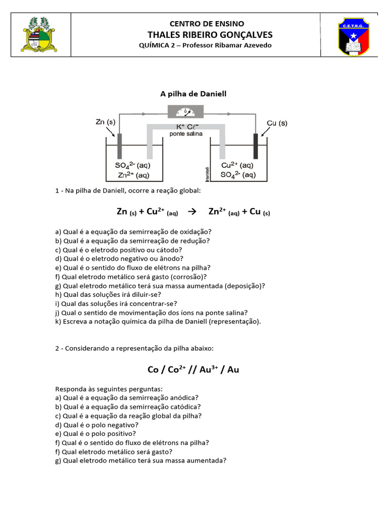 Exercícios sobre a Pilha de Daniell | PDF | Eletrodo | Química