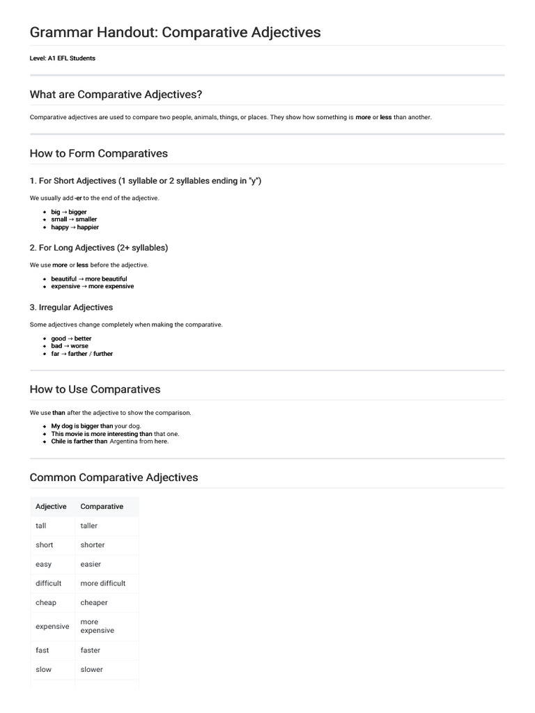 Comparative Adjectives for A1 EFL | PDF | Adjective | Linguistic Morphology