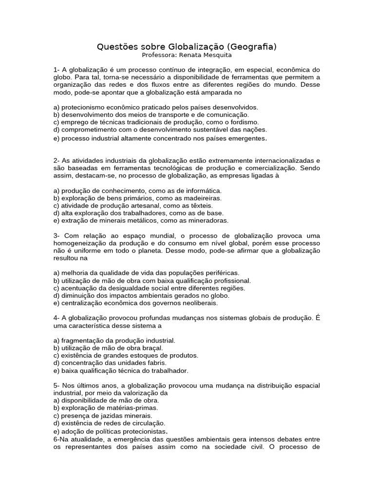 Questões Sobre Globalização | PDF | Globalização | Economia
