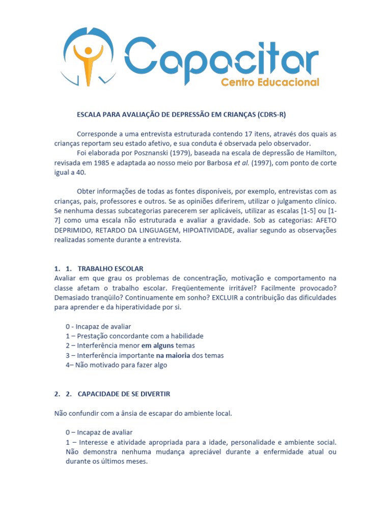 Avaliação de Depressão Infantil CDRS-R | PDF | Depressão | Suicídio