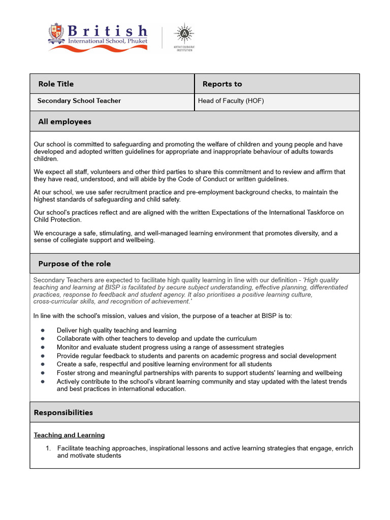 Secondary School Teacher Job Description | PDF | Teachers | Learning
