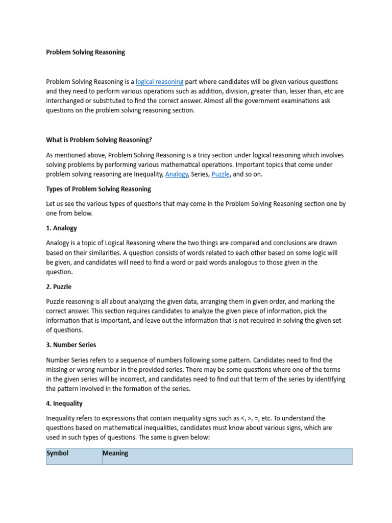 Problem Solving Reasoning | PDF | Reason | Inequality (Mathematics)