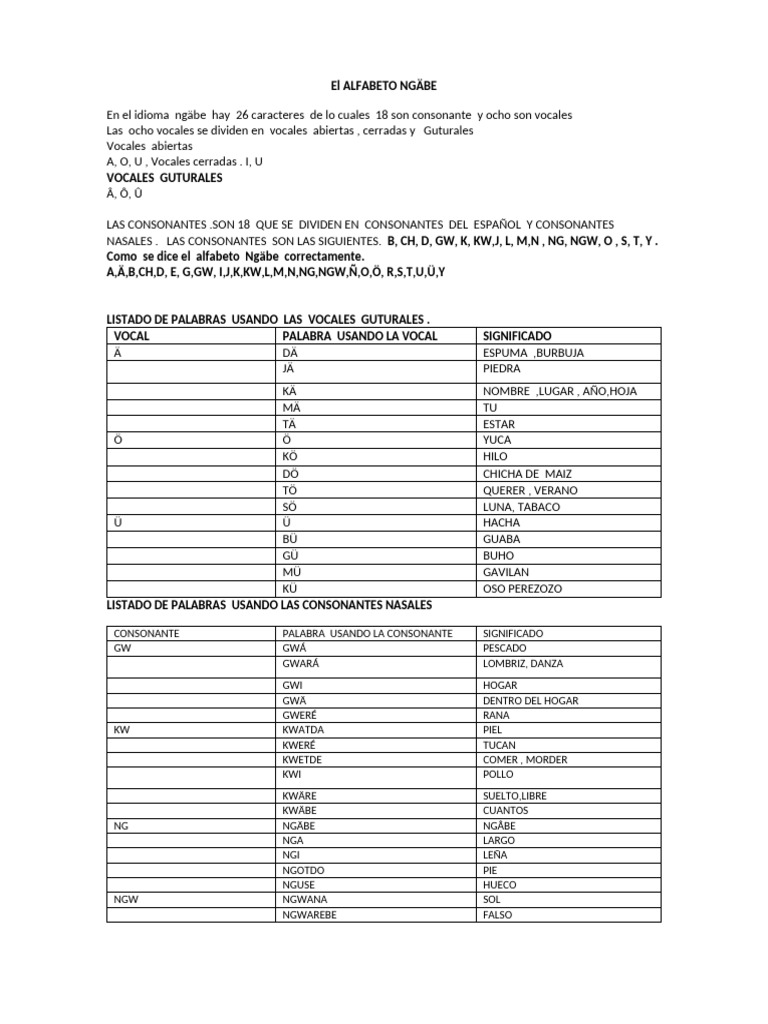 Alfabeto y vocabulario Ngäbe | PDF | Lingüística