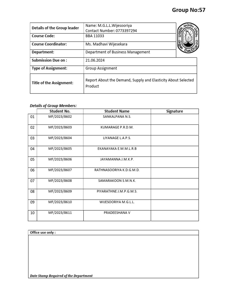 BBA 11033 Group Assignment - Group No 57 Without Signs | PDF | Demand ...