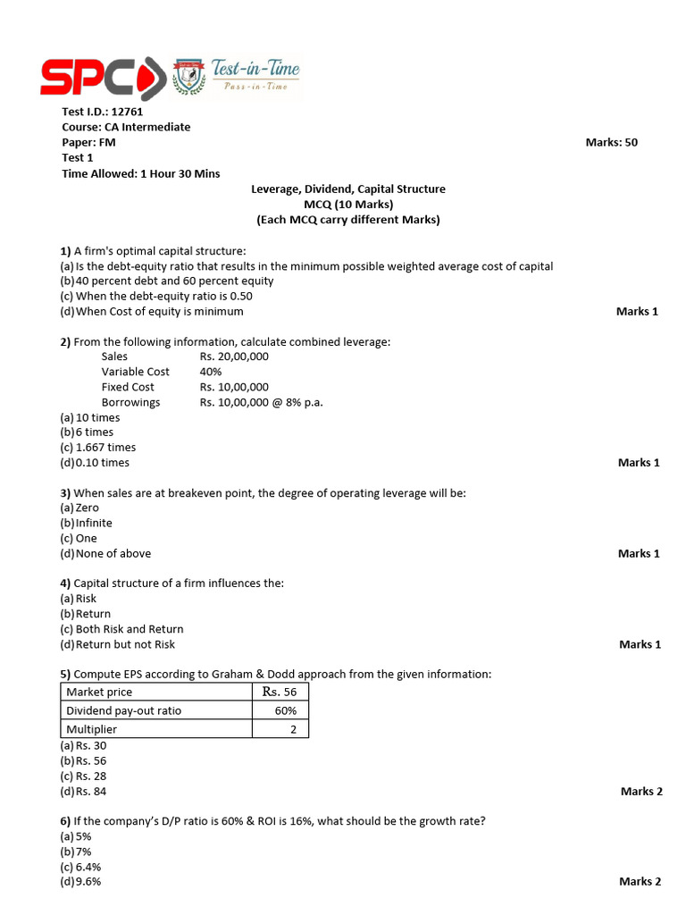 CA Intermediate FM Test Questions | PDF | Capital Structure | Leverage ...