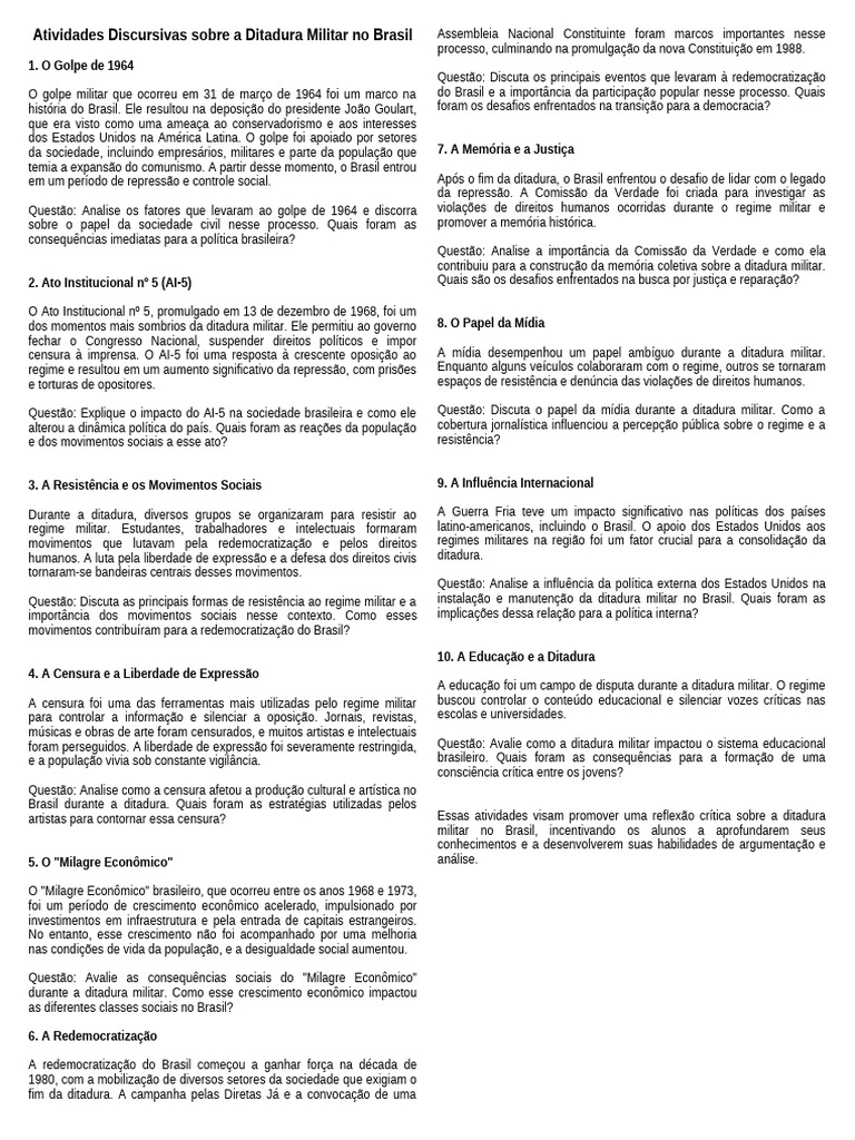 Atividades Discursivas Sobre A Ditadura Militar No Brasil | PDF ...