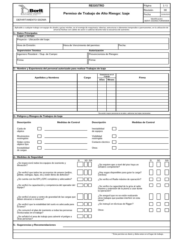 Berit-Ssoma-Form-0009 - Ptar - Izaje | PDF