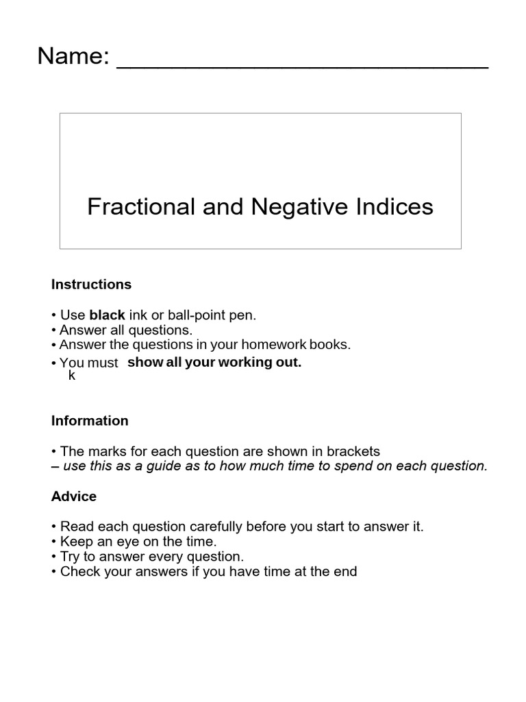Homework-Fractional and Negative Indices | PDF | Mathematics | Arithmetic
