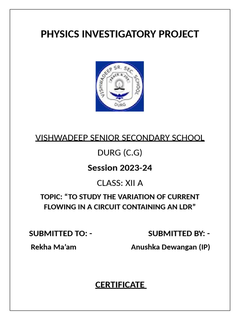 Physics Project Cover Page - Class XII | PDF