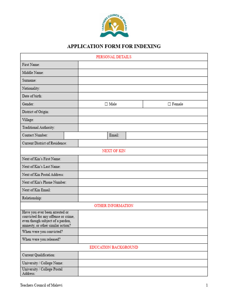 Teachers Council Malawi Indexing Form | PDF | Justice | Crime & Violence