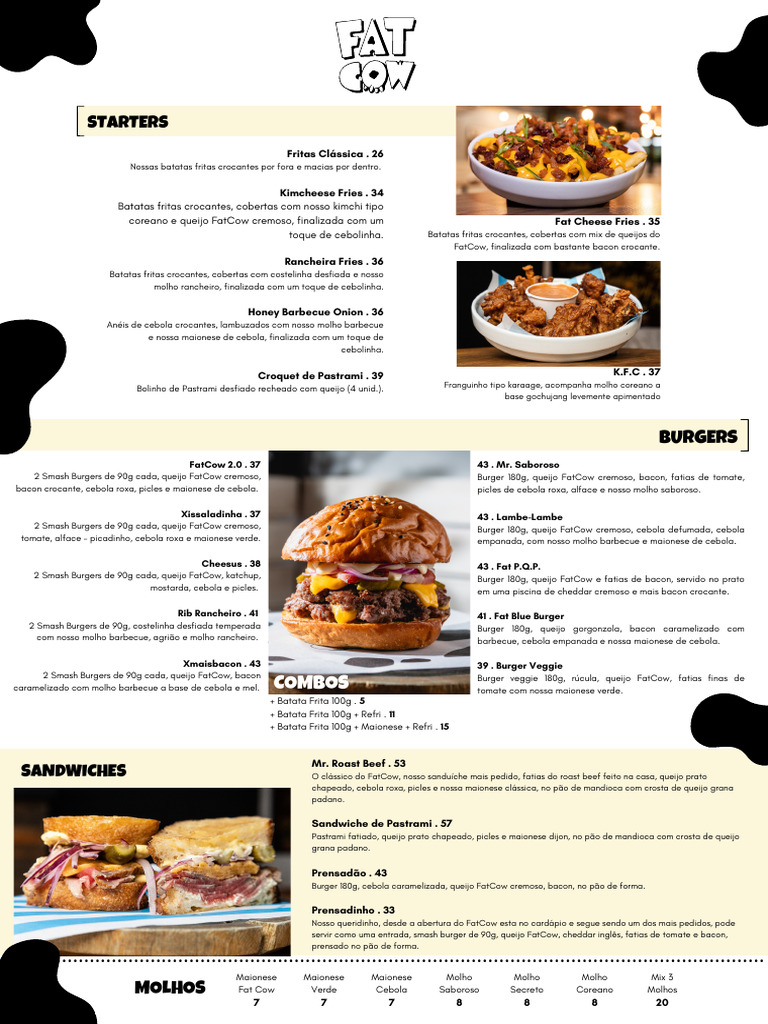 Cardápio Completo do FatCow 2023 | PDF | Chocolate | Milkshake