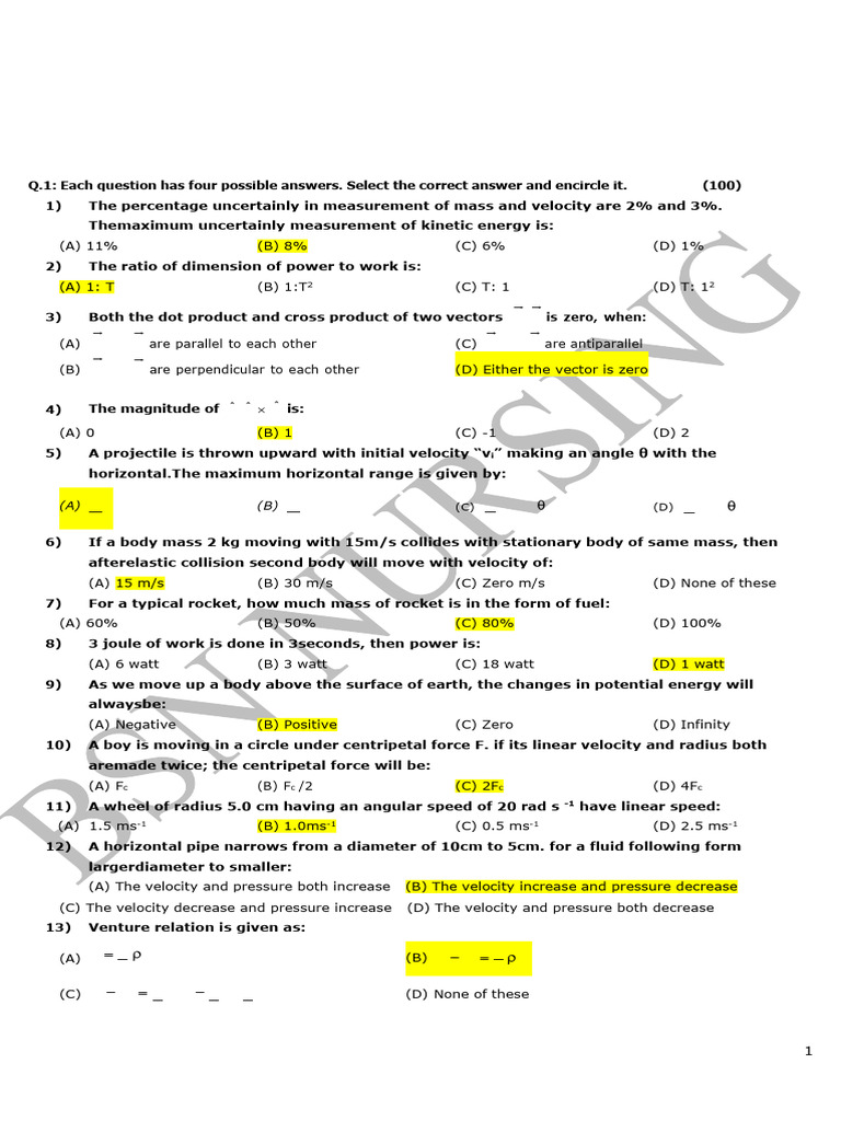 100 MCQs in Physics for Nursing Students | PDF | Velocity | Force