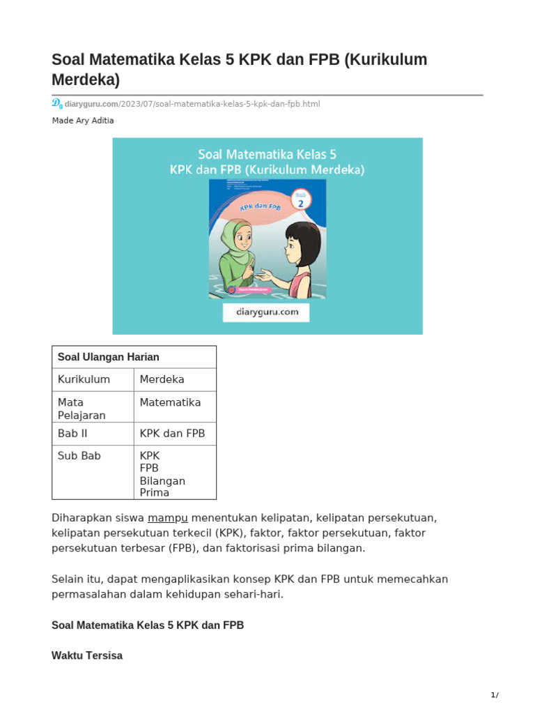 Soal Matematika Kelas 5 KPK Dan FPB Kurikulum Merdeka | PDF