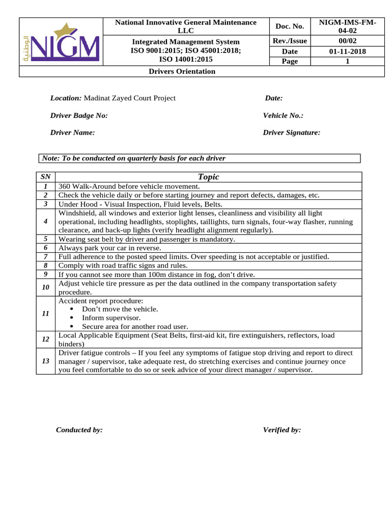 NIGM-IMS-FM-04-02 - Drivers Orientation Is2.0 | PDF | Automotive ...
