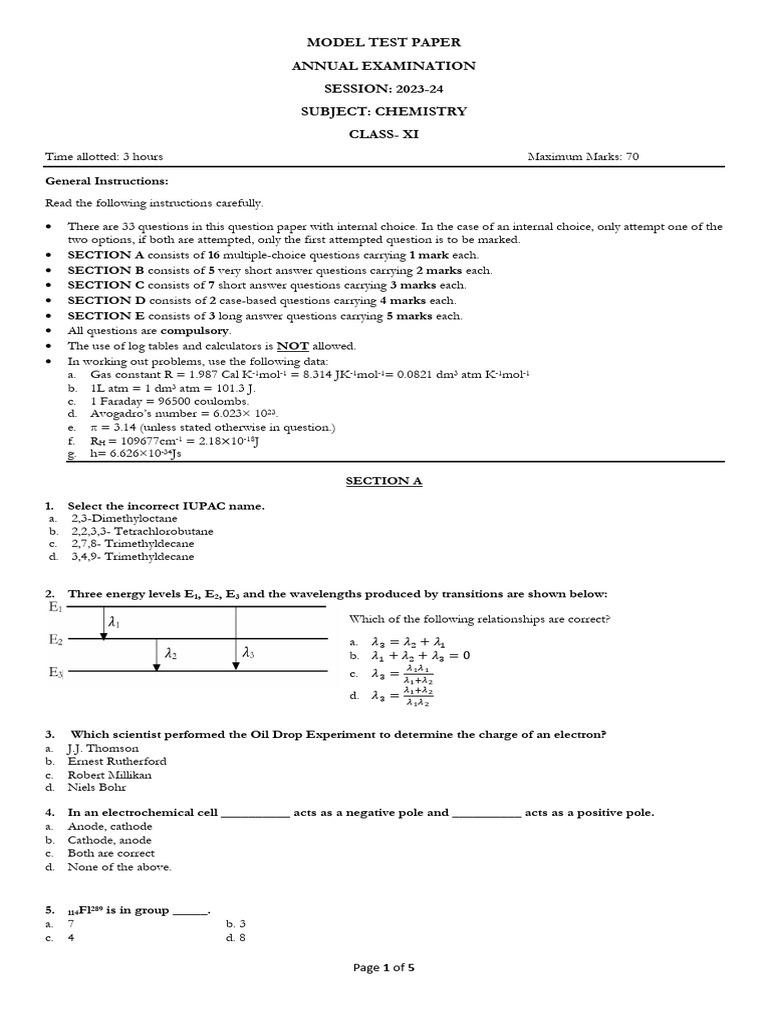Model Test Paper 1 | PDF | Electron | Atomic Physics
