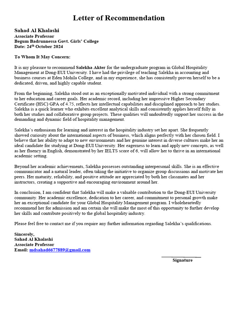 Letter of Recommendation | PDF | Learning | English As A Second Or ...