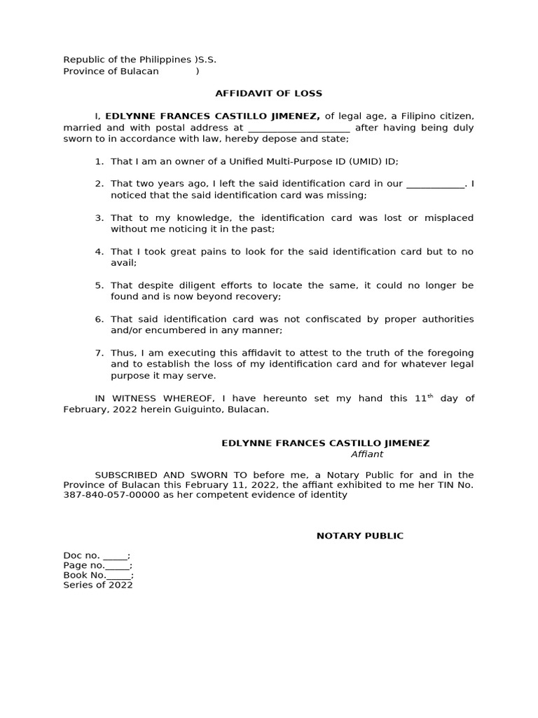 Affidavit of Loss for UMID ID | PDF | Law
