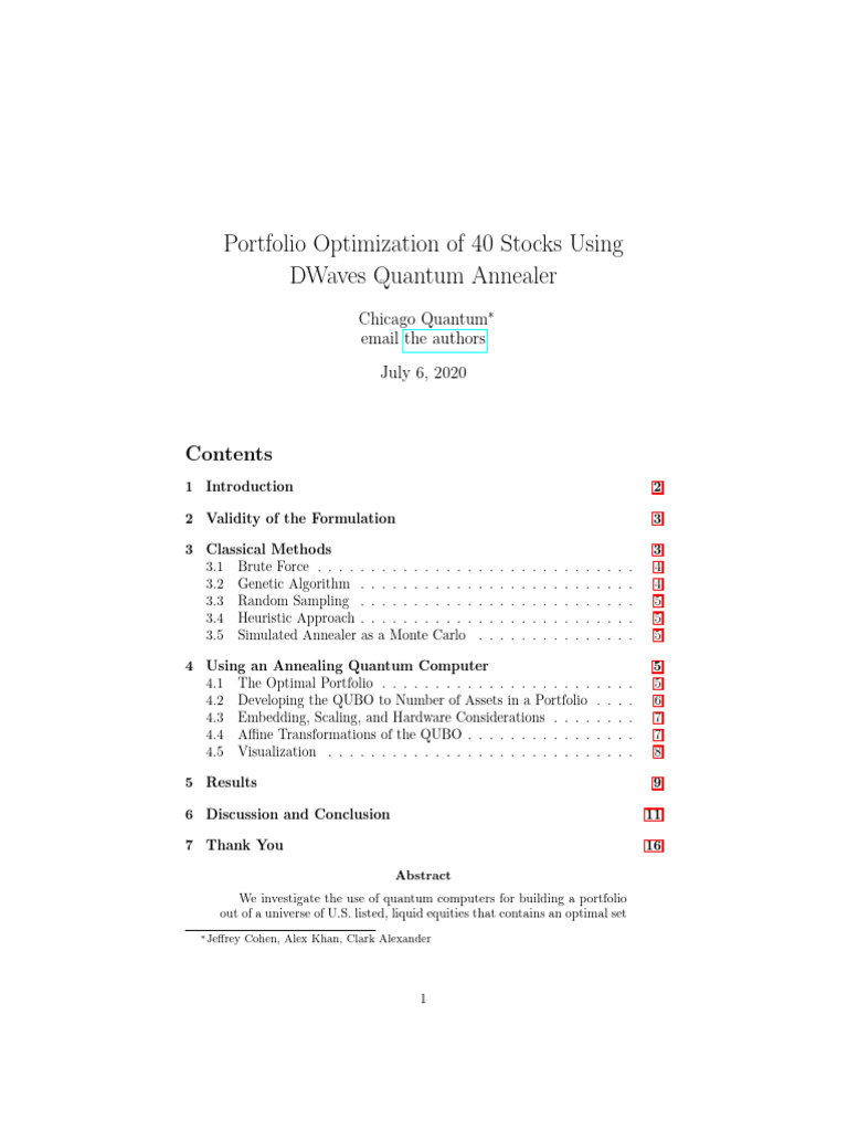 Portfolio Optimization of 40 Stocks Using Dwaves Quantum Annealer | PDF ...