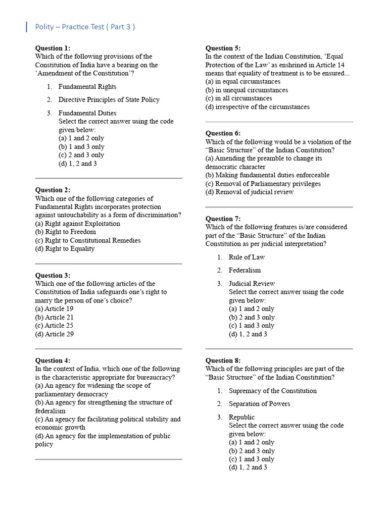 Polity - Practice Test (Part 3) | PDF | Legal Documents | Government