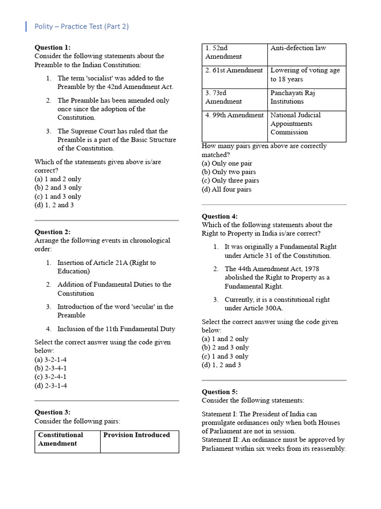 Polity - Practice Test (Part 2) | PDF | Constitution | Separation Of Powers