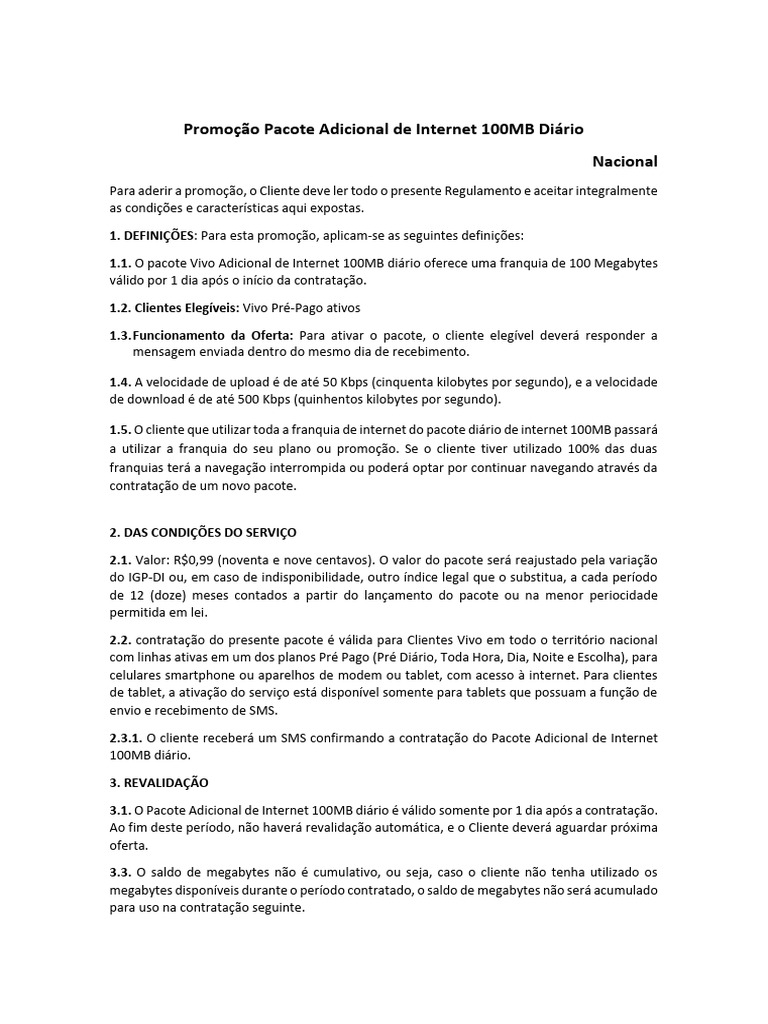 Pacote Adicional Internet 100MB Diário | PDF | Internet | Tablets
