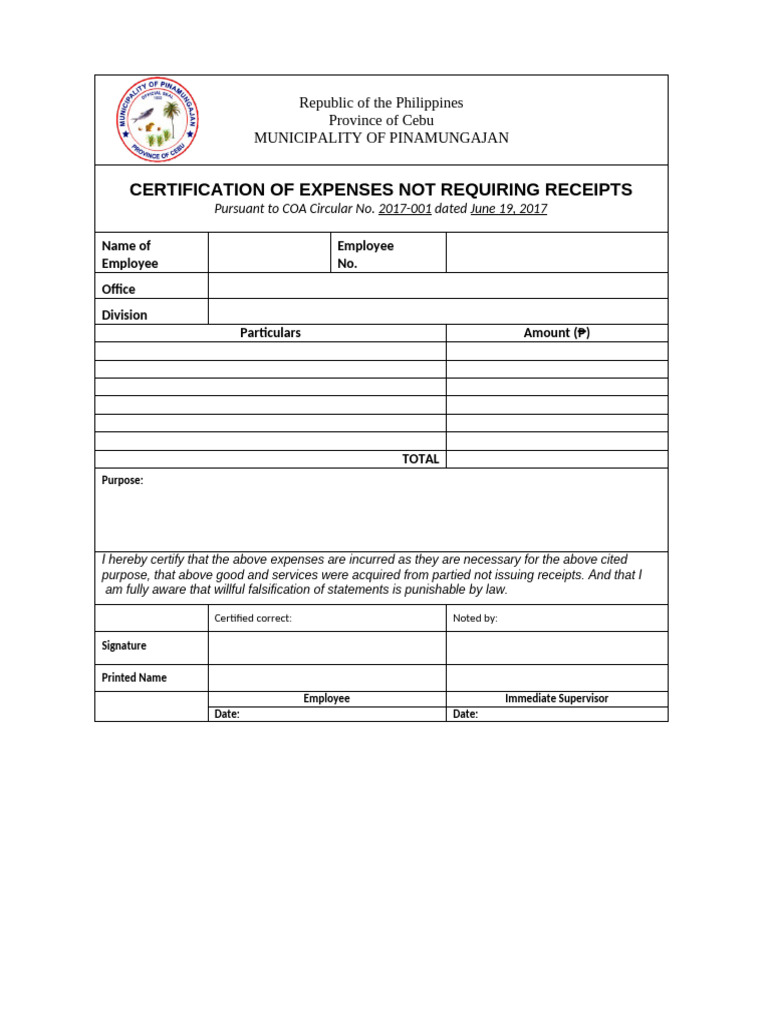 Certification of Expenses Not Requiring Receipts | PDF | Law