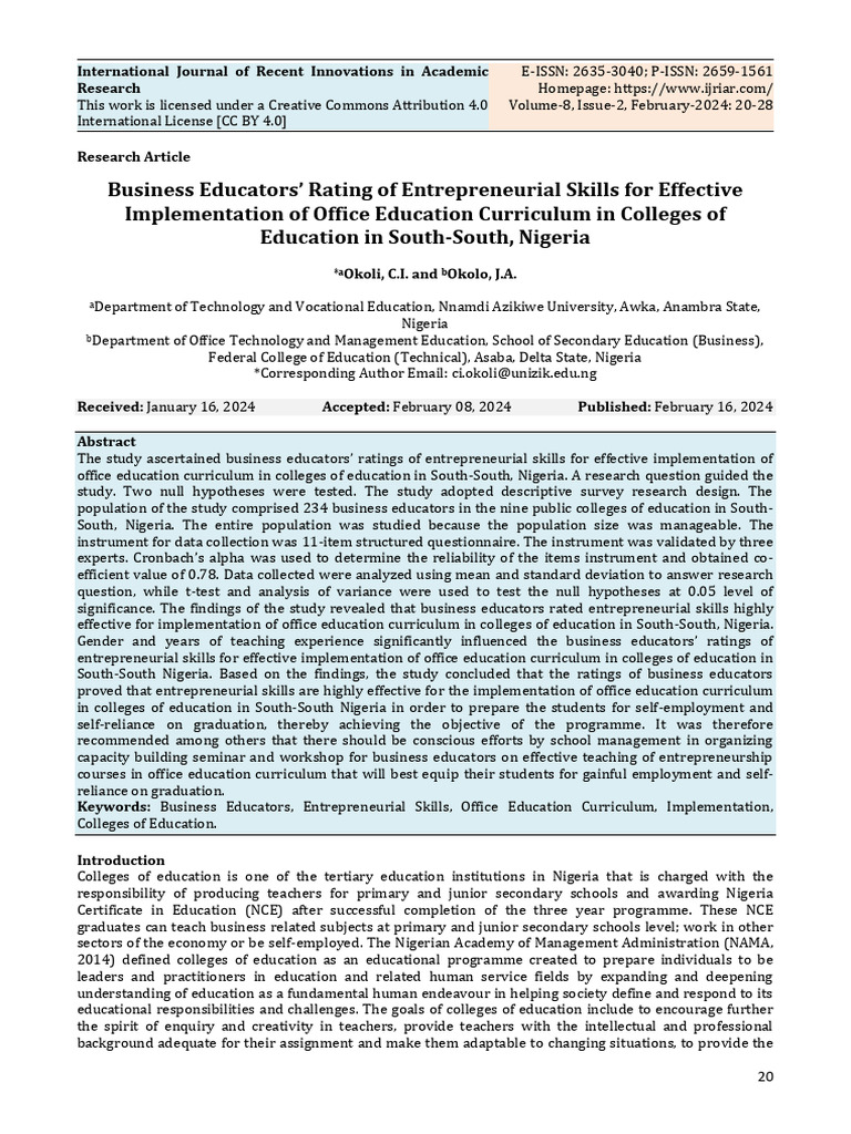 Business Educators' Ratings on Entrepreneurial Skills | PDF | P Value ...