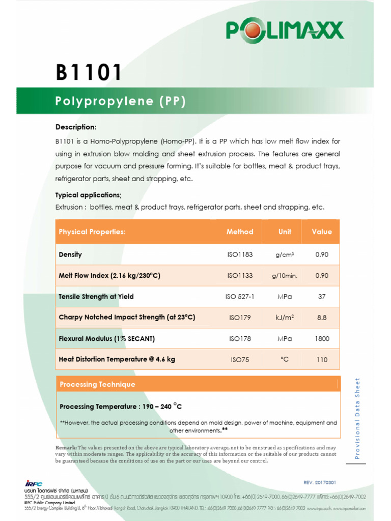 B1101 Homo-Polypropylene Data Sheet | PDF | Technology & Engineering