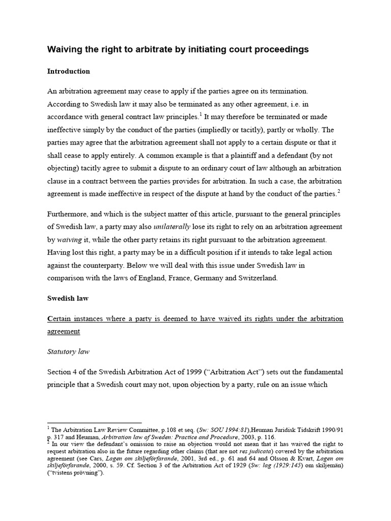 Waiving Arbitration Rights in Sweden | PDF | Arbitration | Civil Law ...
