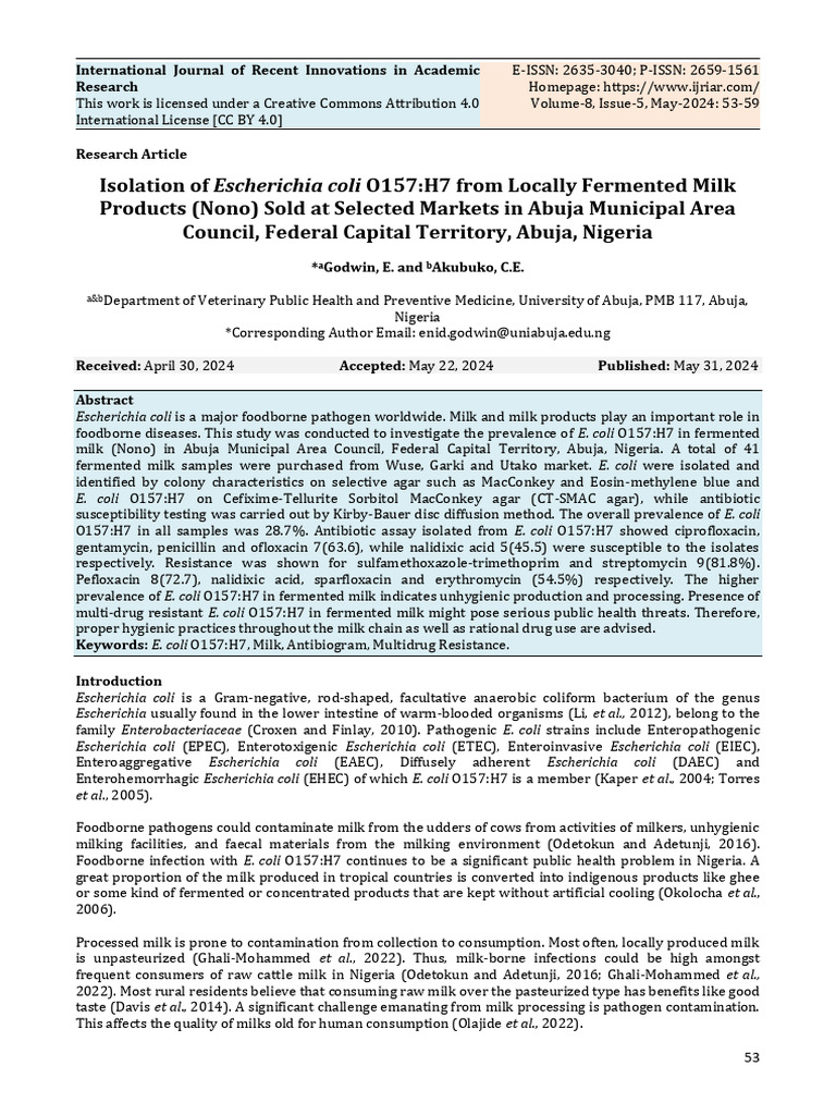 E. coli O157:H7 in Abuja Fermented Milk | PDF | Escherichia Coli ...