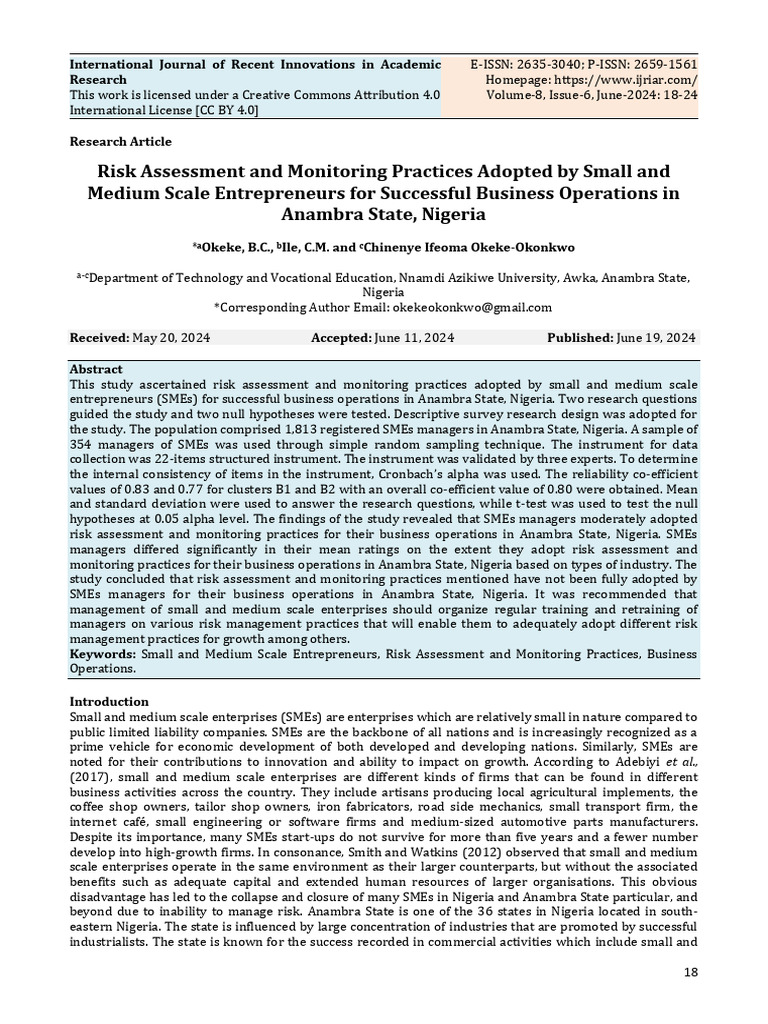 Risk Assessment and Monitoring Practices Adopted by Small and Medium ...