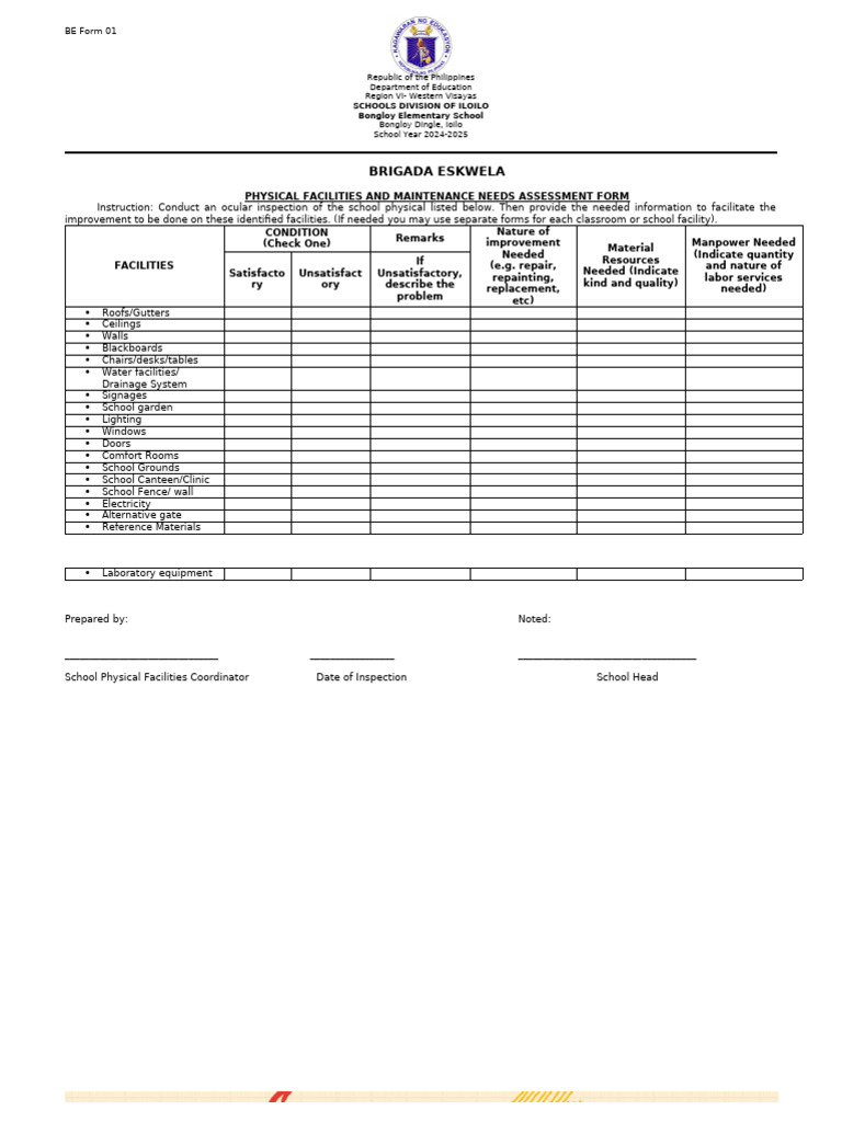 Brigada Eskwela Facilities Assessment Form | PDF