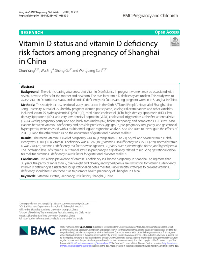 Vitamin D Status and Vitamin D Deficiency Risk Factors Among Pregnancy ...