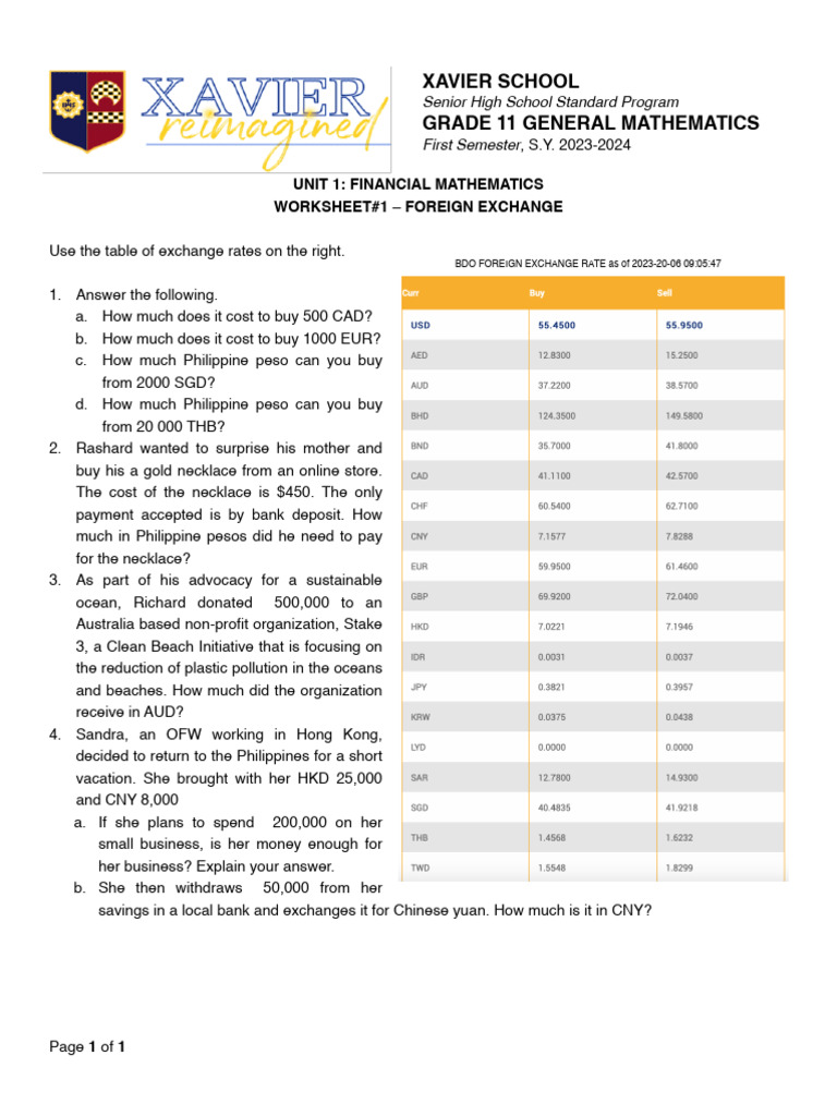 Worksheet+#1+-+Foreign+Exchange | PDF
