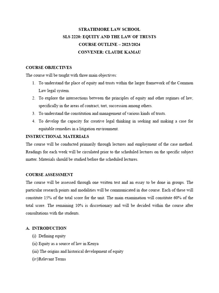 Equity and Trusts Course Outline | PDF | Equity (Law) | Legal Concepts