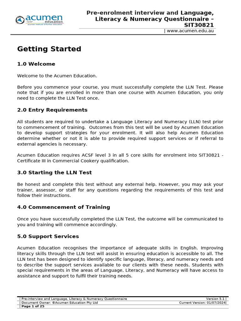Acumen LLN SIT30821 Student Version 2 | PDF | Literacy
