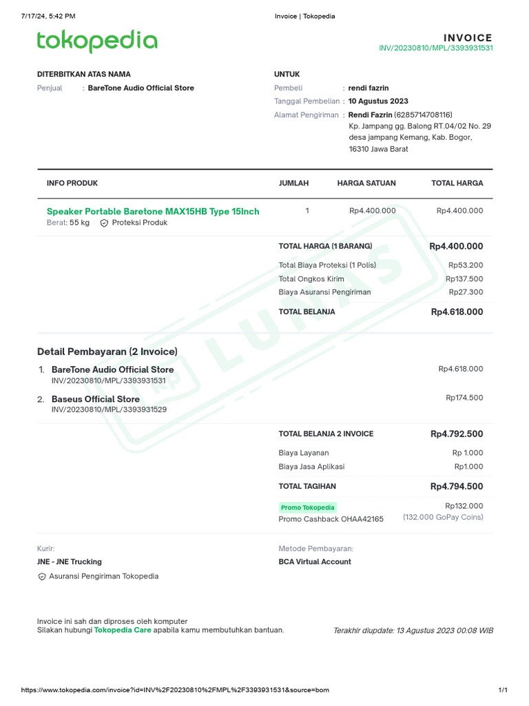 Invoice Pembelian Tokopedia 10 Agustus | PDF