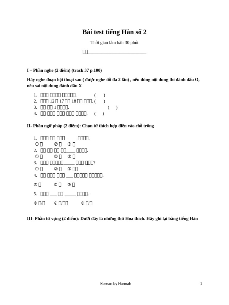 Bài Test Tiếng Hàn Số 2 | PDF